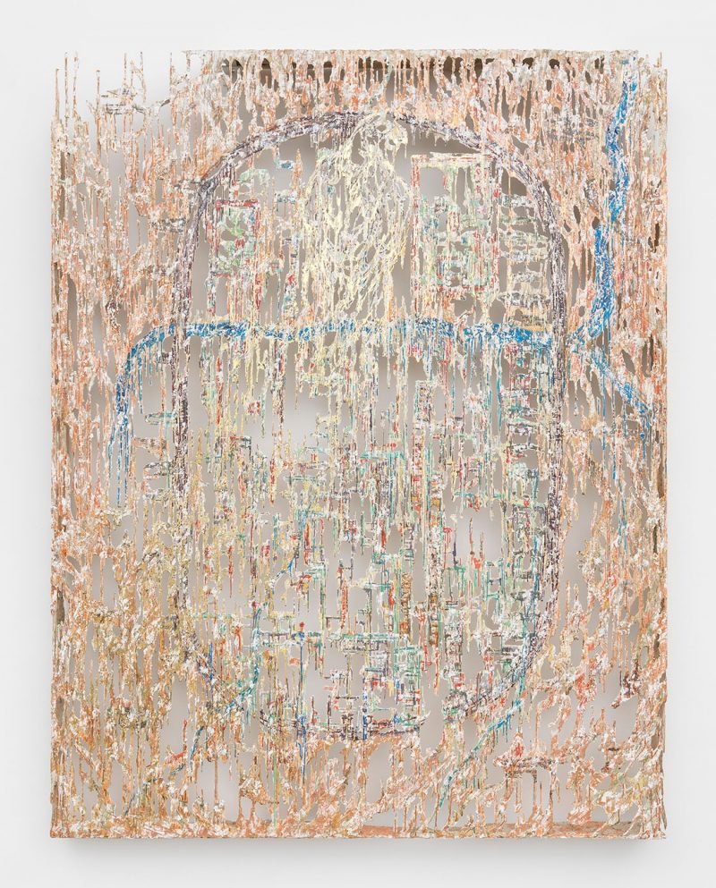 Diana Al-Hadid, The Falcon and The Bandit, 2017, Polymer gypsum, fiberglass, steel, plaster, copper leaf, gold leaf, painter’s tape and pigment, 274.3 x 213.4 x 14 cm, Art Jameel Collection. Courtesy of the artist and Marianne Boesky Gallery, New York and Aspen. Photo courtesy of Object Studies.