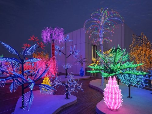  Alia Farid and Aseel AlYaqoub, Contrary Life: A Botanical Light Garden Devoted to Trees, 2018, Plastic, metal, light bulbs and electrical wire. Art Jameel Collection: Art Jameel Commission 2018. Photo by Mohamed Somji.