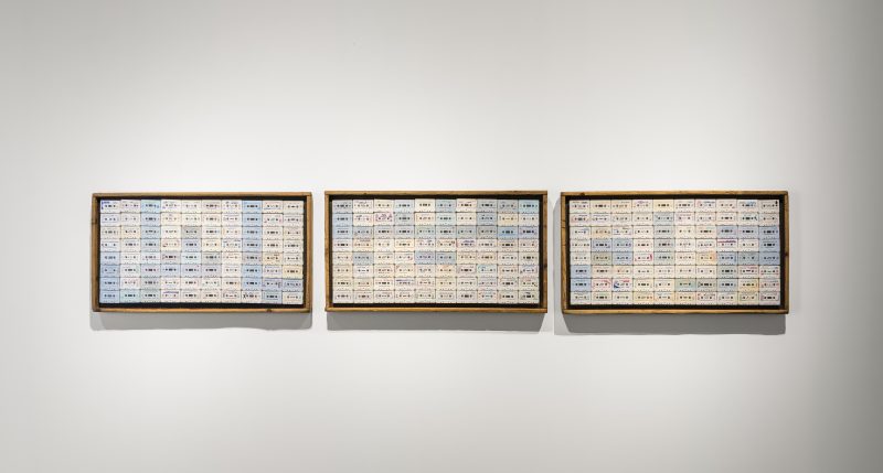 Maha Malluh, Food for Thought 7100, 2012, Cassette tapes and woode,, 60 x 110 x 10 cm (each). Art Jameel Collection. Photo by Mohamed Somji.