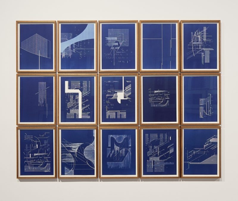 Seher Shah and Randhir Singh, Studies in Form, Flatlands Blueprints, 2018, Cyanotype prints on Arches Aquarelle paper, 38.1 x 27.9 cm each (set of 15). Art Jameel Collection.